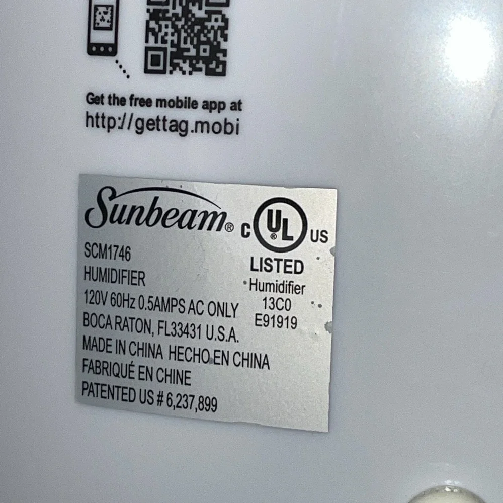 Sunbeam Cool Mist Humidifier SCM1746-UM White ~1.5 gallons